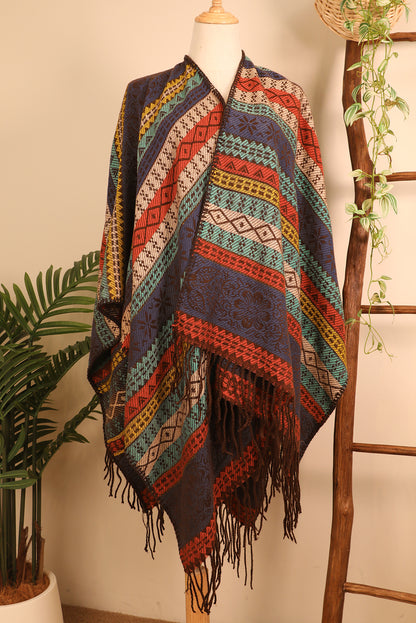 Light Blue Ethnic Print Tassel Trim Shawl Scarf