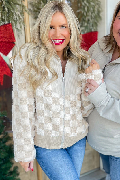 Khaki Checkered Sherpa Corduroy Patchwork Zip-up Collared Jacket