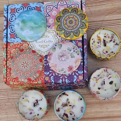AROMATHERAPY SCENTED OIL CANDLES - FLORAL TIN DESIGN - SET OF 4