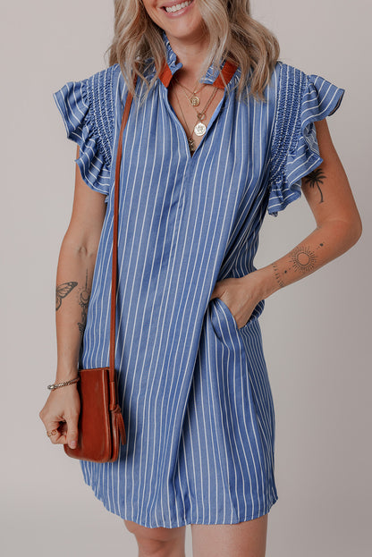 Sky Blue Stripe Frilly Split Neck Shirred Ruffle Sleeve Mini Shift Dress