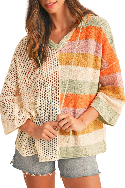 Oversized Colorblock V-Neck Hooded Sweater for Women – Lightweight Knit Pullover, Casual Boho Striped Hoodie Top
