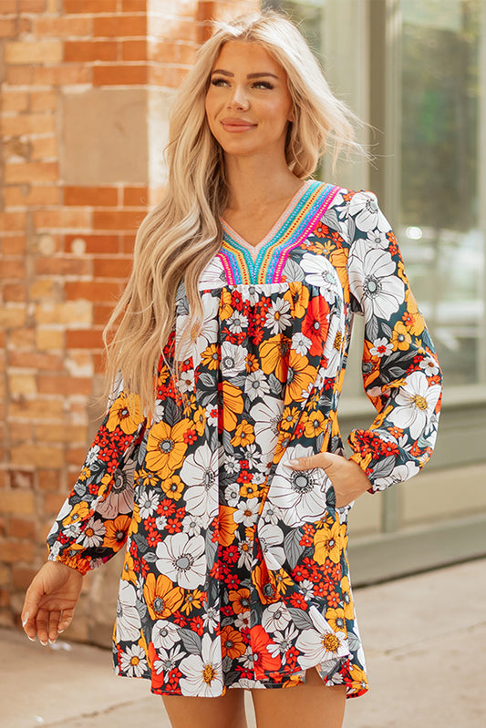 Boho Floral Mini Dress for Women Orange V Neck Long Sleeve Casual Summer Dress