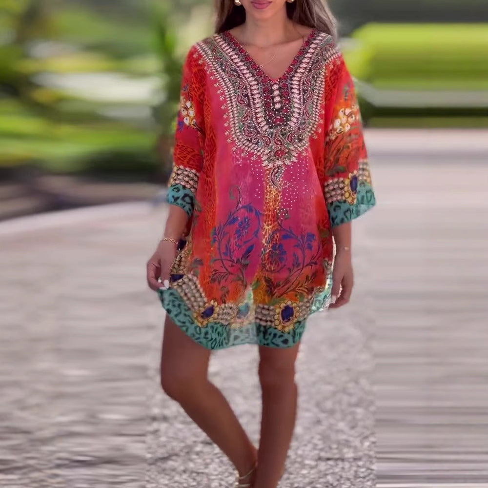 Boho V-Neck Tunic Dress | Loose Fit Summer Beach Cover-Up (S–5XL)