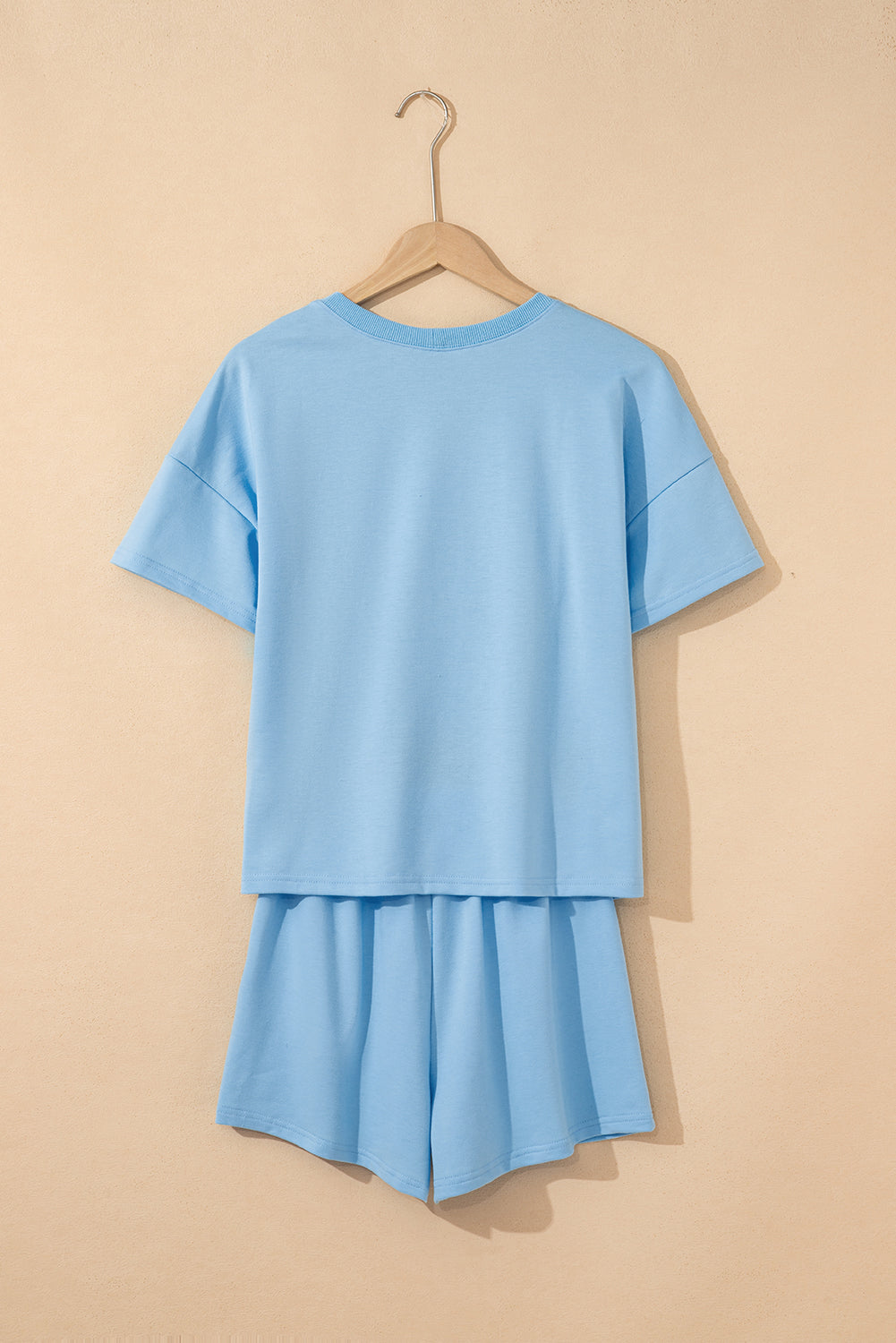 Women’s Light Blue 2 Piece Lounge Set – V Neck Top & Drawstring Shorts Casual Summer Outfit