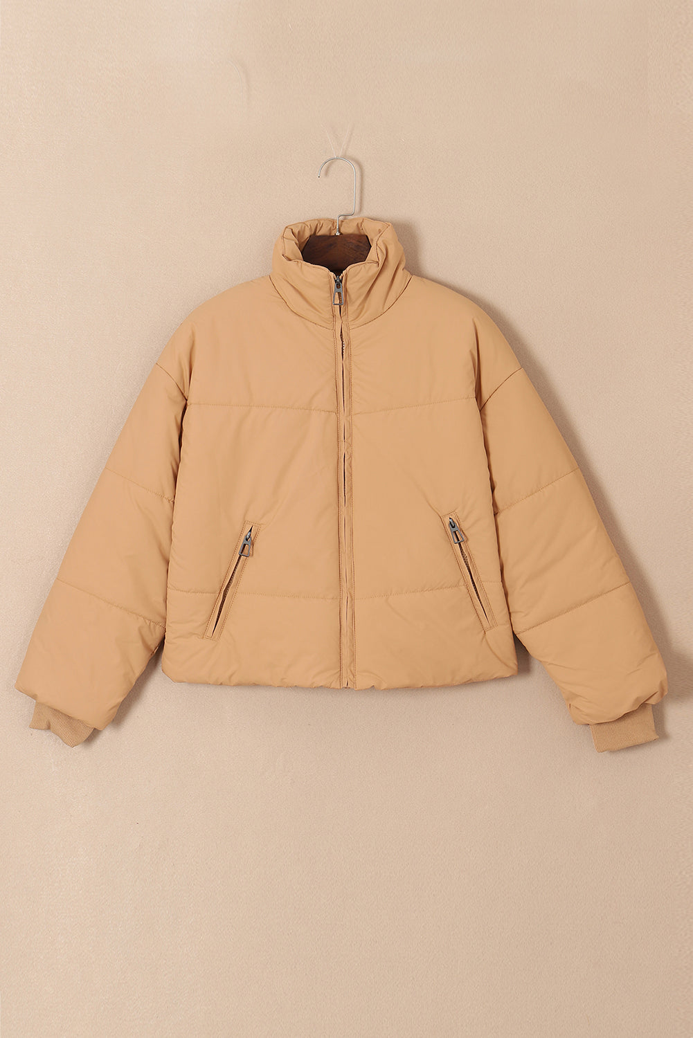 Women’s Brown Zip Up Puffer Jacket – Warm Quilted Coat with Pockets for Fall & Winter
