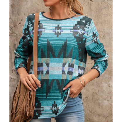 Bohemian Print Long Sleeve Top – Relaxed Fit Casual Blouse
