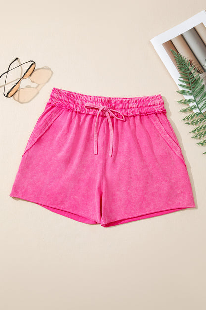 Rose Red Mineral Wash Lounge Shorts – Soft Drawstring Waist Casual Summer Fit