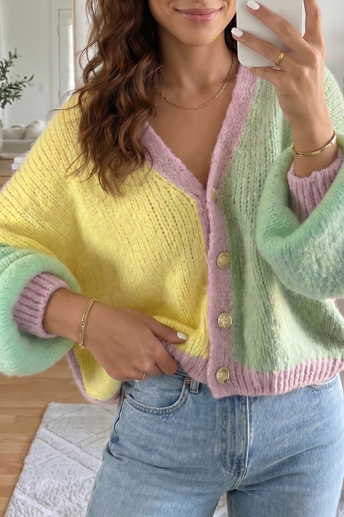 Women’s Yellow Colorblock V-Neck Button Cardigan