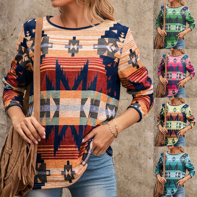 Bohemian Print Long Sleeve Top – Relaxed Fit Casual Blouse
