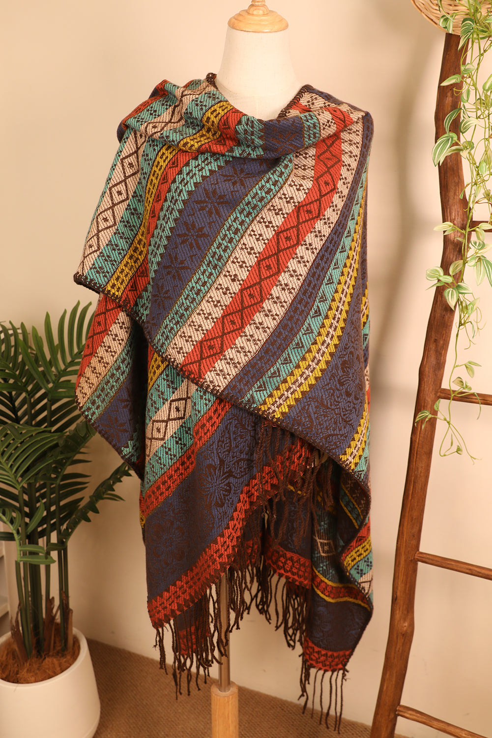 Light Blue Ethnic Print Tassel Trim Shawl Scarf
