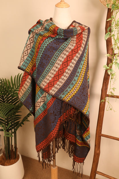 Light Blue Ethnic Print Tassel Trim Shawl Scarf