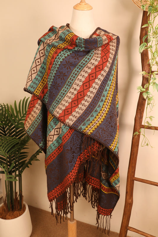 Light Blue Ethnic Print Tassel Trim Shawl Scarf