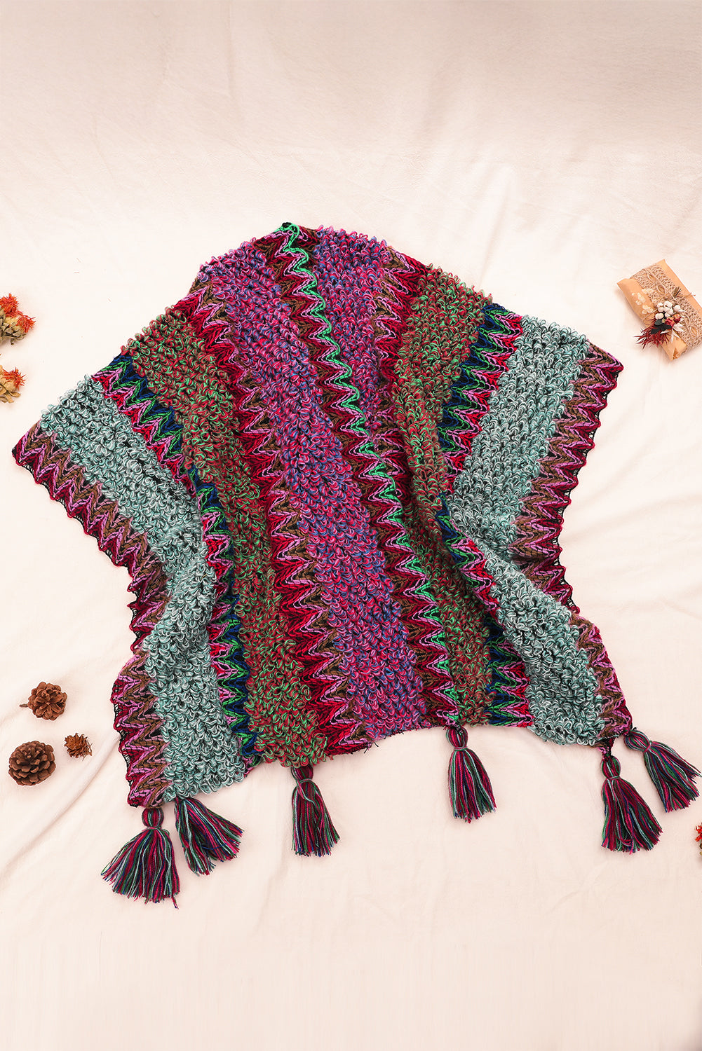 Rose Red Ethnic Tassel Knit Poncho