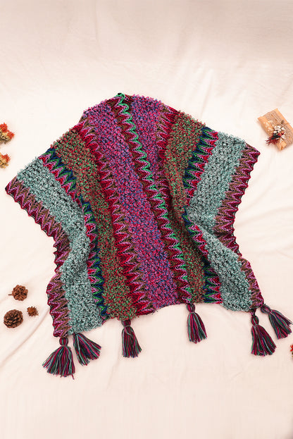 Rose Red Ethnic Tassel Knit Poncho