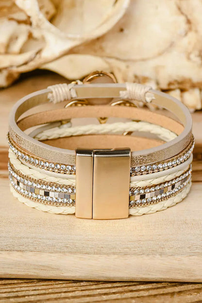 Layered Heart Boho Bracelet – Beige Rhinestone Magnetic Wrap
