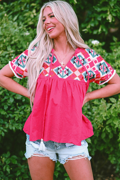 Strawberry Pink Boho Embroidered Blouse – Tassel Tie V-Neck Summer Top