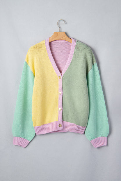 Women’s Yellow Colorblock V-Neck Button Cardigan
