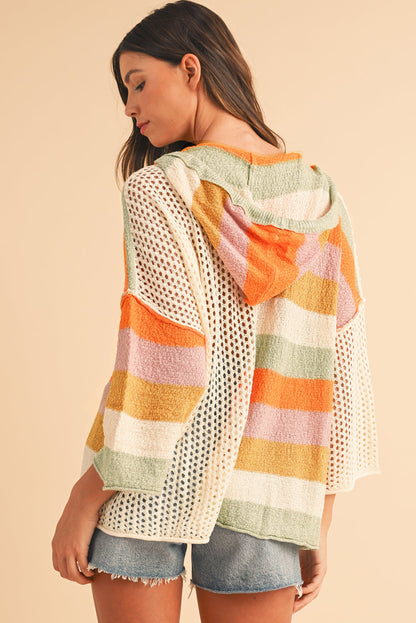 Oversized Colorblock V-Neck Hooded Sweater for Women – Lightweight Knit Pullover, Casual Boho Striped Hoodie Top