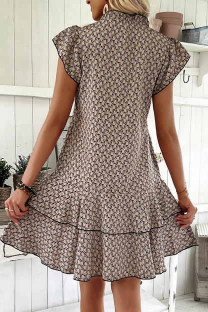 Simply Taupe Bohemian Print V-Neck Flutter Sleeve Ruffle Mini Dress