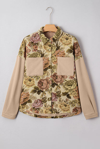 Sophisticated khaki floral patchwork waffle knit jacket with button-down front and pockets. A boho casual outerwear piece perfect for layering.