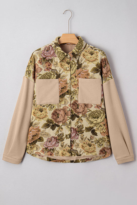 Sophisticated khaki floral patchwork waffle knit jacket with button-down front and pockets. A boho casual outerwear piece perfect for layering.