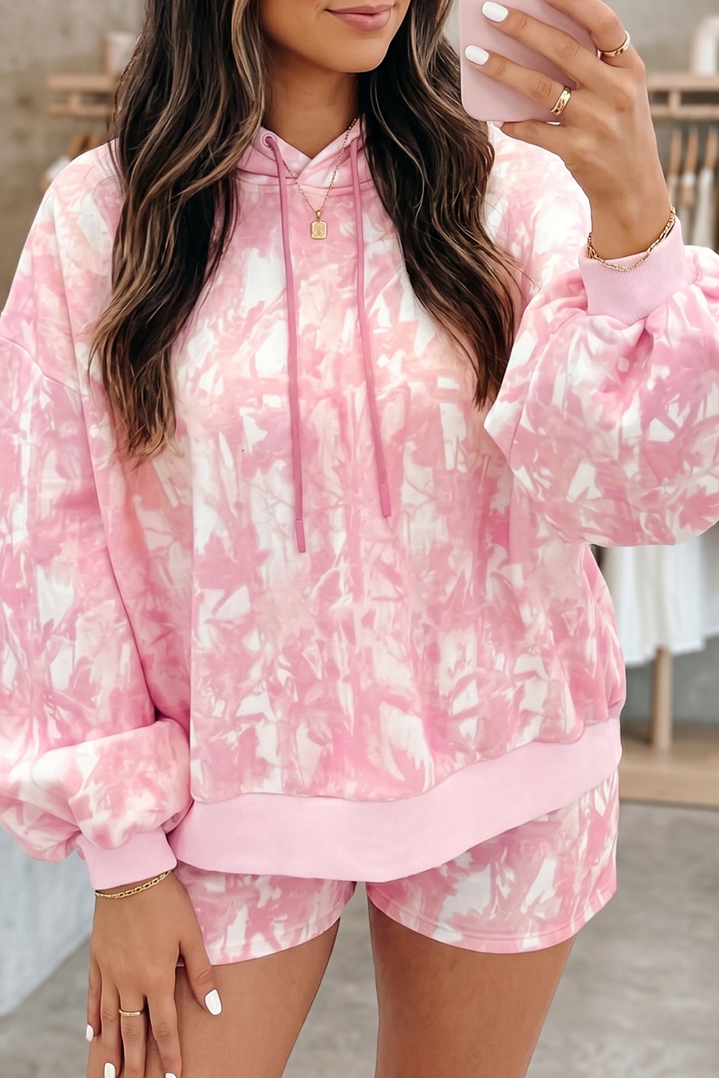 Pink Abstract Print Hoodie & Shorts Lounge Set | Women's Casual Two-Piece Outfit