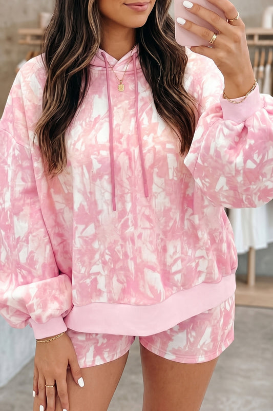 Pink Abstract Print Hoodie & Shorts Lounge Set | Women's Casual Two-Piece Outfit