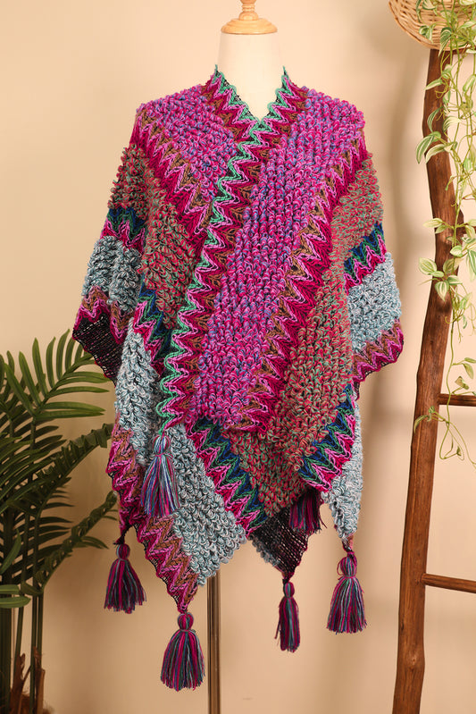 Rose Red Ethnic Tassel Knit Poncho