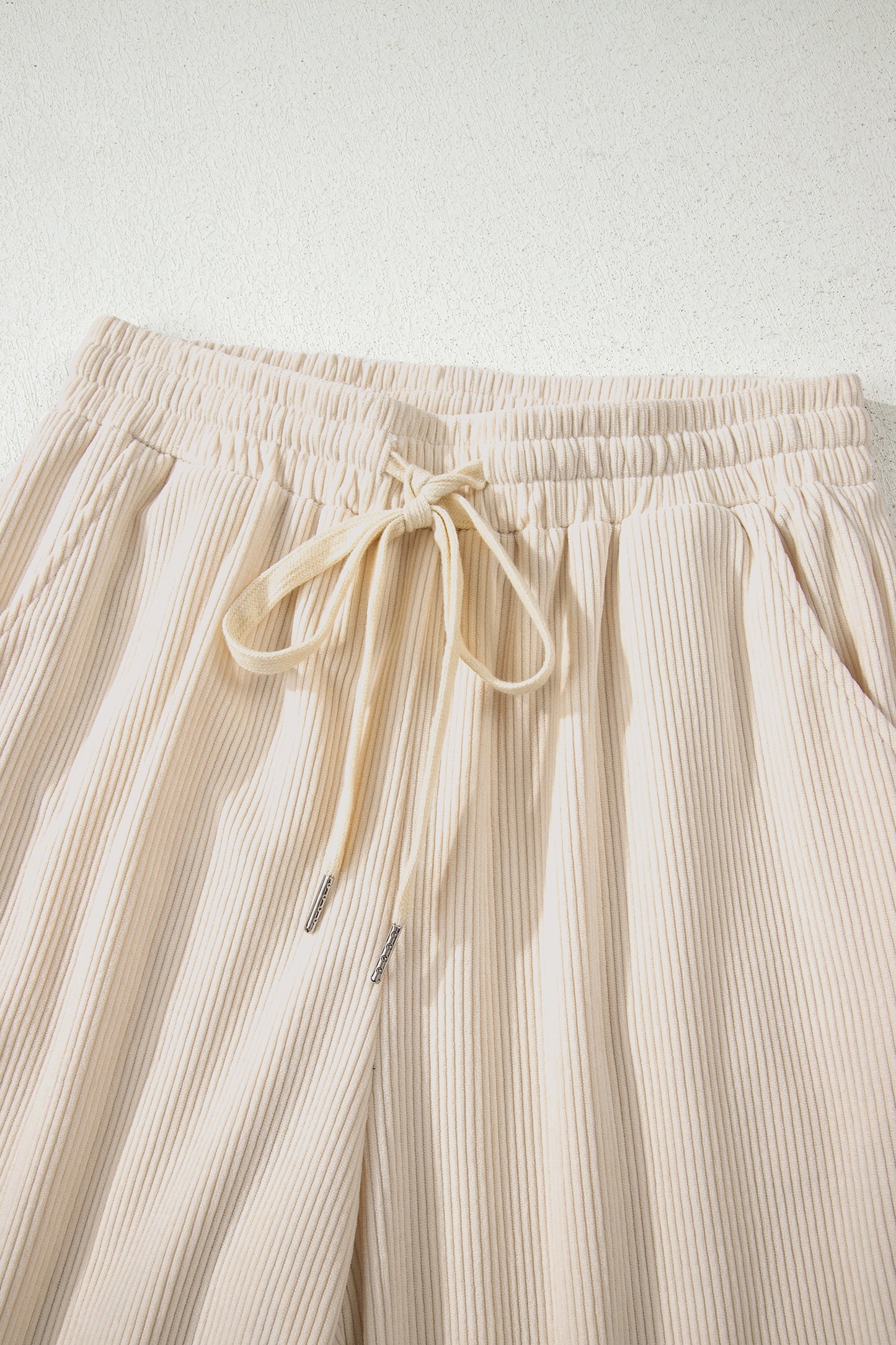 Women’s Corduroy Drawstring Lounge Pants –White  High-Waisted Soft Casual Trousers