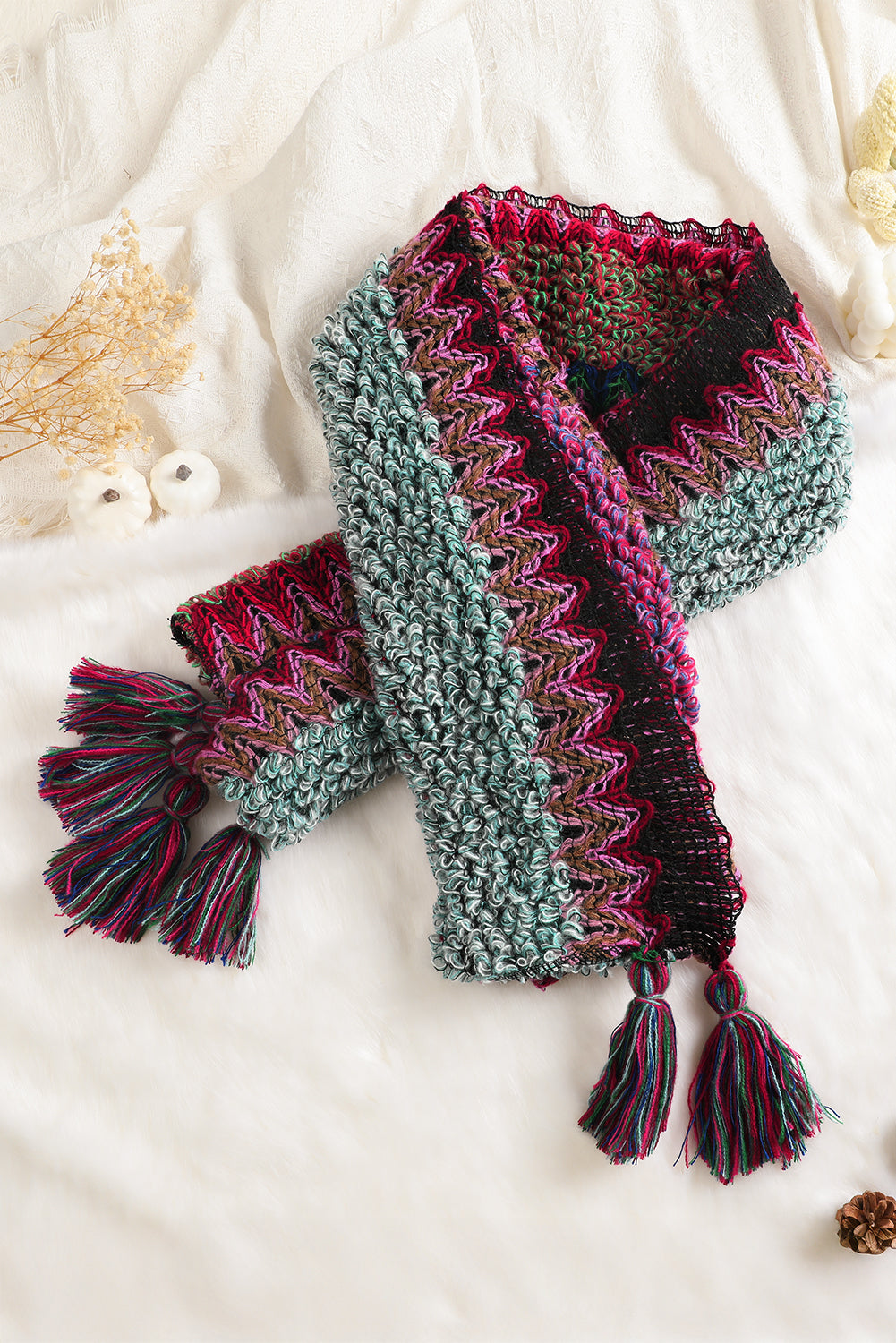 Rose Red Ethnic Tassel Knit Poncho