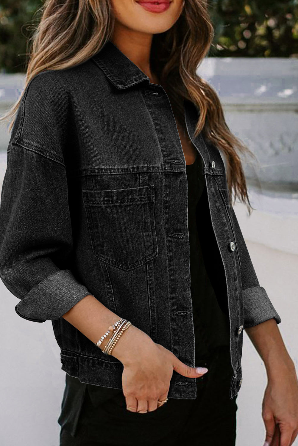 Black Oversized Washed Denim Jacket – Casual Pocketed Streetwear