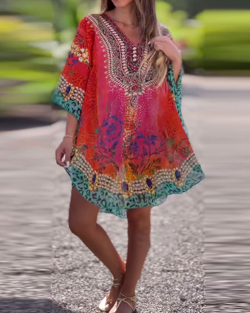 Boho V-Neck Tunic Dress | Loose Fit Summer Beach Cover-Up (S–5XL)