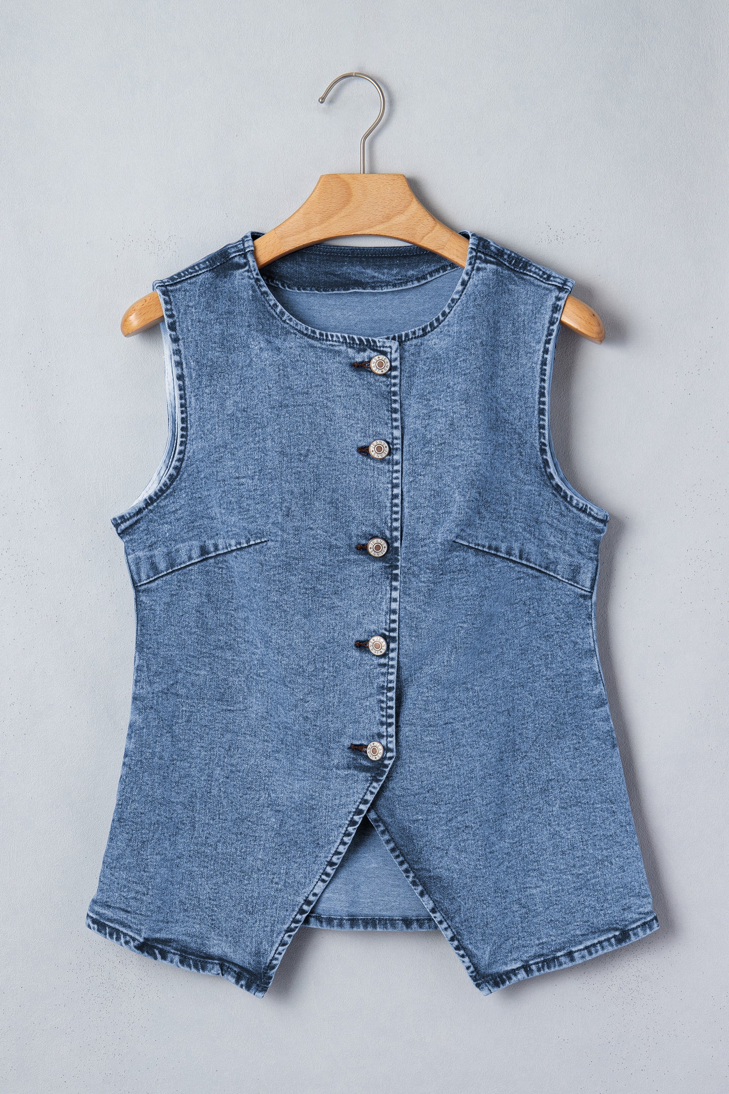 Women’s Blue Denim Vest – Sleeveless Button Down Long Vest with Side Slits for Spring Layering