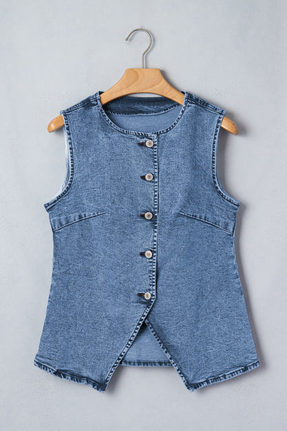 Women’s Blue Denim Vest – Sleeveless Button Down Long Vest with Side Slits for Spring Layering