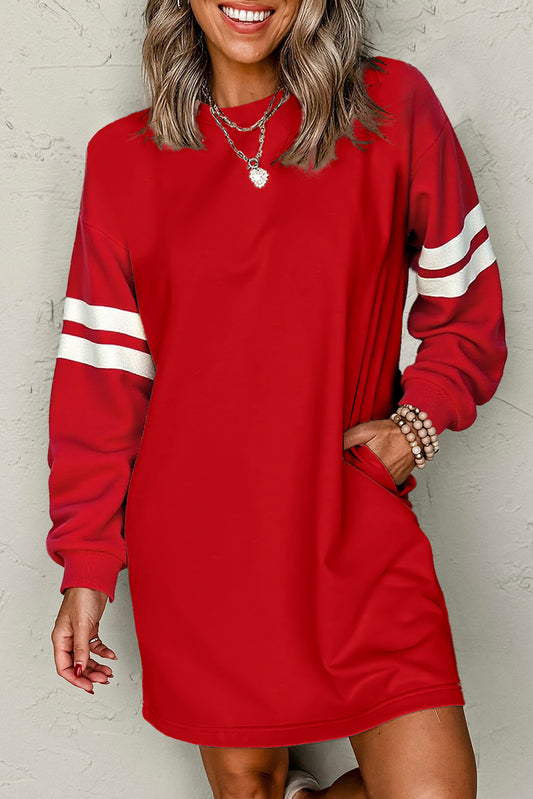 Fiery Red Striped Sleeve Sweatshirt Mini Dress – Casual Loose Fit with Pockets