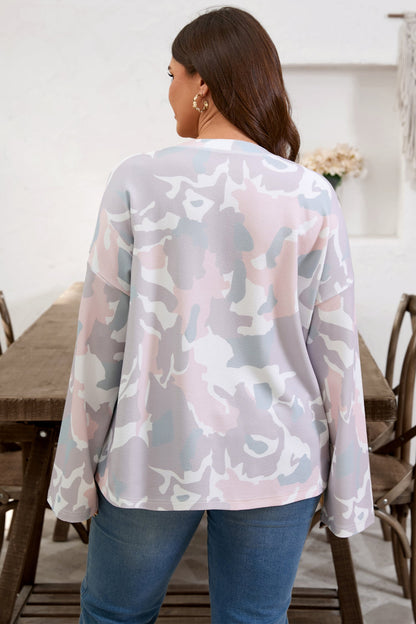 Plus Size Camo Print Long Sleeve Pullover – Drop Shoulder, Loose Fit, 1X–4X