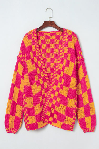 Multicolor Plaid Open Front Knitted Cardigan