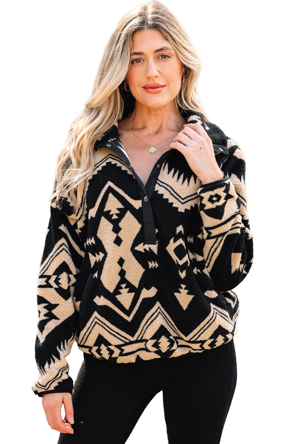 Black Western Aztec Half Zip Plush Sweatshirt – Cozy Tribal Print Fleece Pullover for Women | Warm Boho Winter Jacket with Pockets