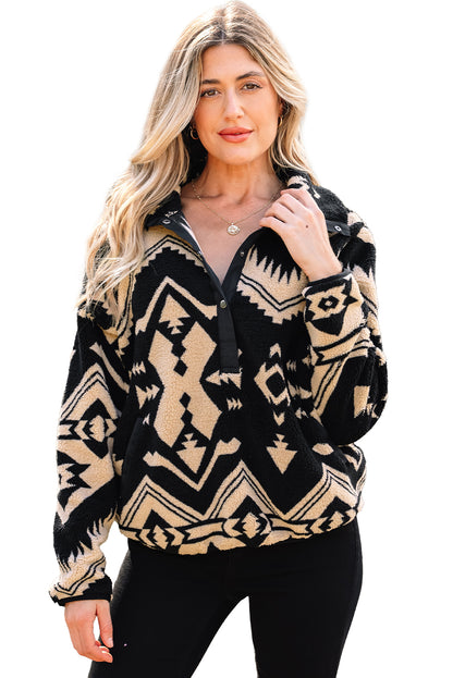 Black Western Aztec Half Zip Plush Sweatshirt – Cozy Tribal Print Fleece Pullover for Women | Warm Boho Winter Jacket with Pockets