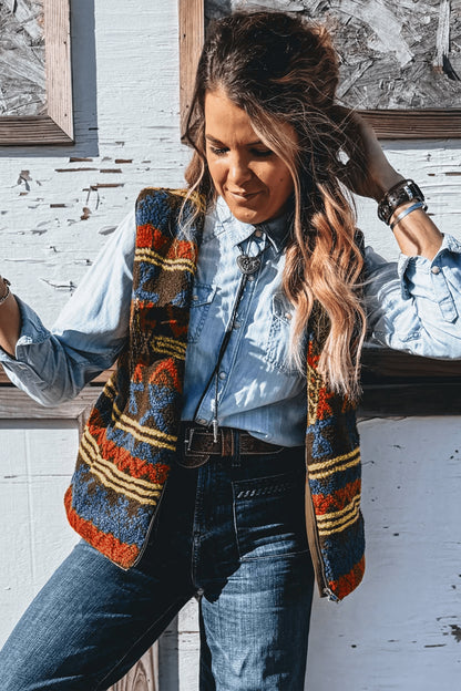 Women’s Western Aztec Print Faux Fur Vest with Pockets