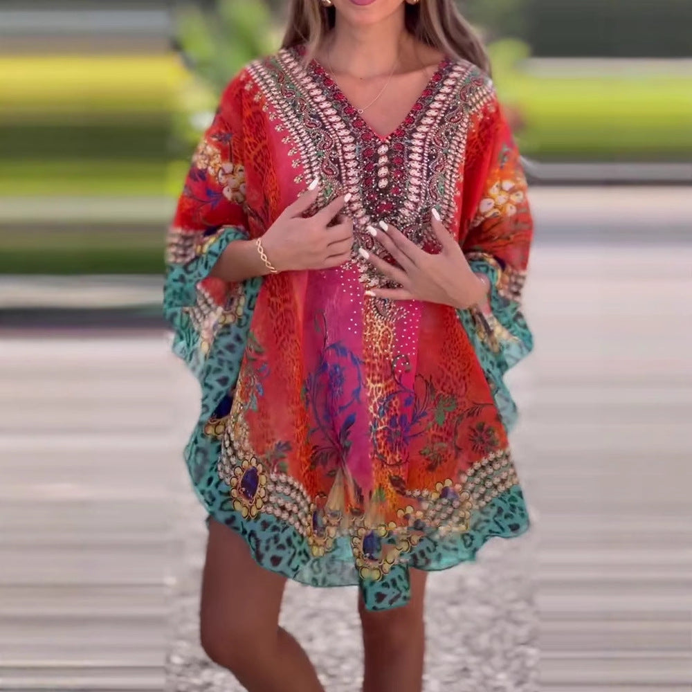 Boho V-Neck Tunic Dress | Loose Fit Summer Beach Cover-Up (S–5XL)