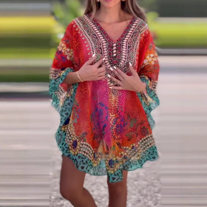 Boho V-Neck Tunic Dress | Loose Fit Summer Beach Cover-Up (S–5XL)