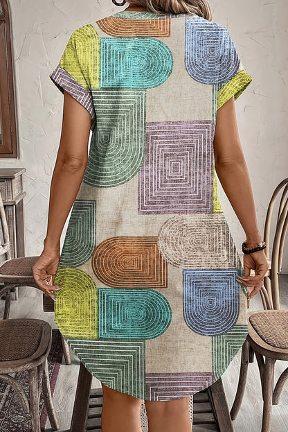 Multicolour Boho Geometric Print Button Up Mini Dress
