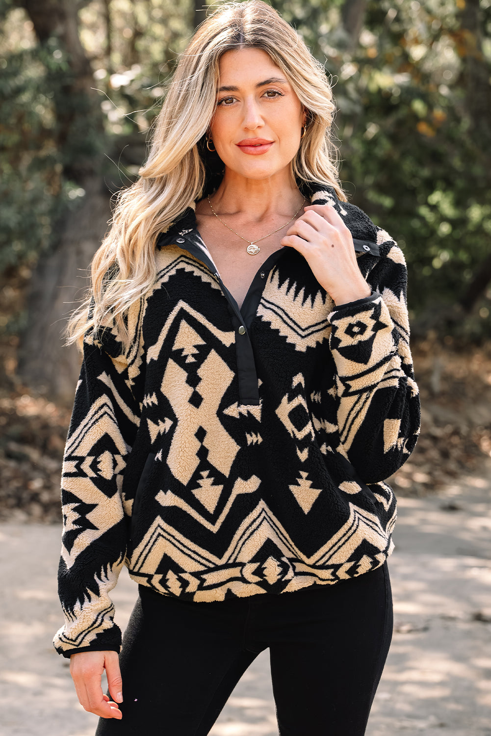 Black Western Aztec Half Zip Plush Sweatshirt – Cozy Tribal Print Fleece Pullover for Women | Warm Boho Winter Jacket with Pockets