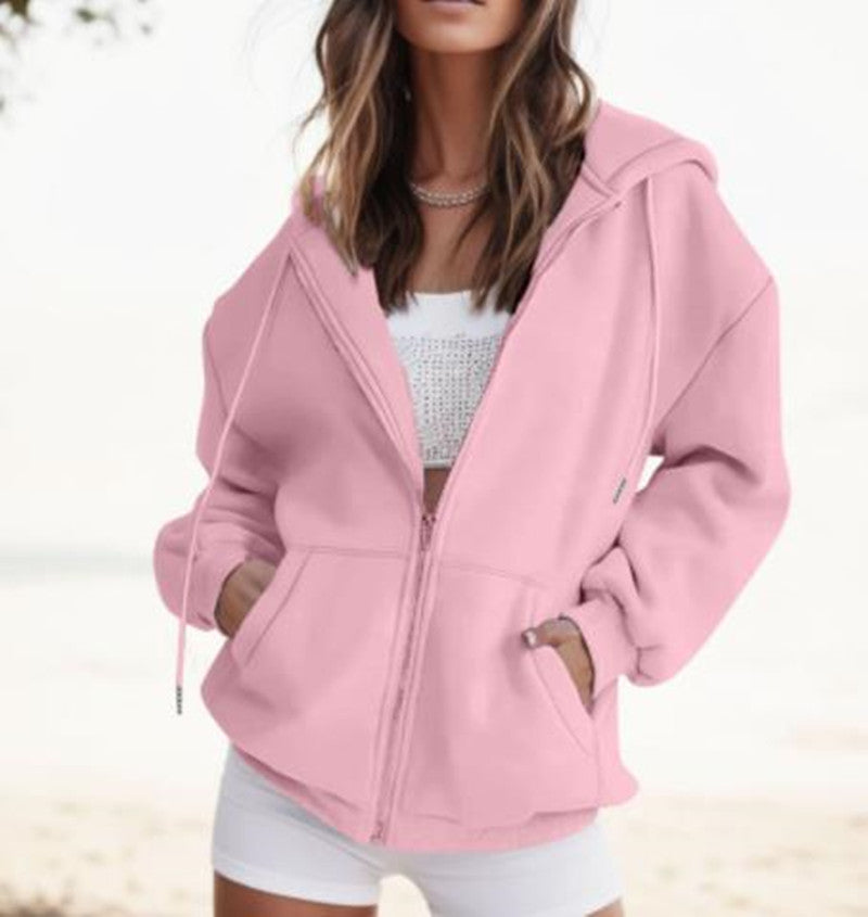 Effortless Zip Hoodie – Off-Shoulder Casual Lounge Jacket