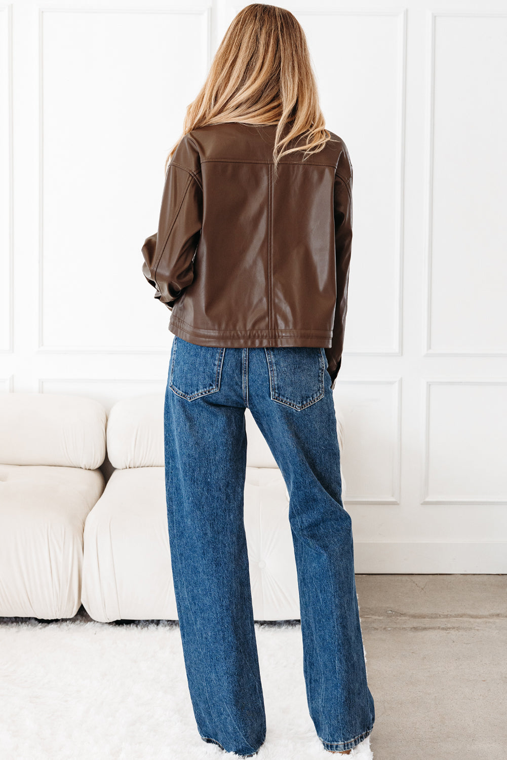 Chicory Coffee PU Leather Drawstring Jacket – Double Flap Pocket Utility Shacket for Women