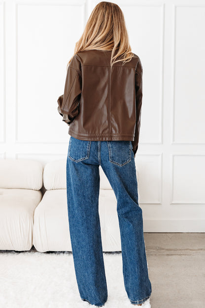 Chicory Coffee PU Leather Drawstring Jacket – Double Flap Pocket Utility Shacket for Women