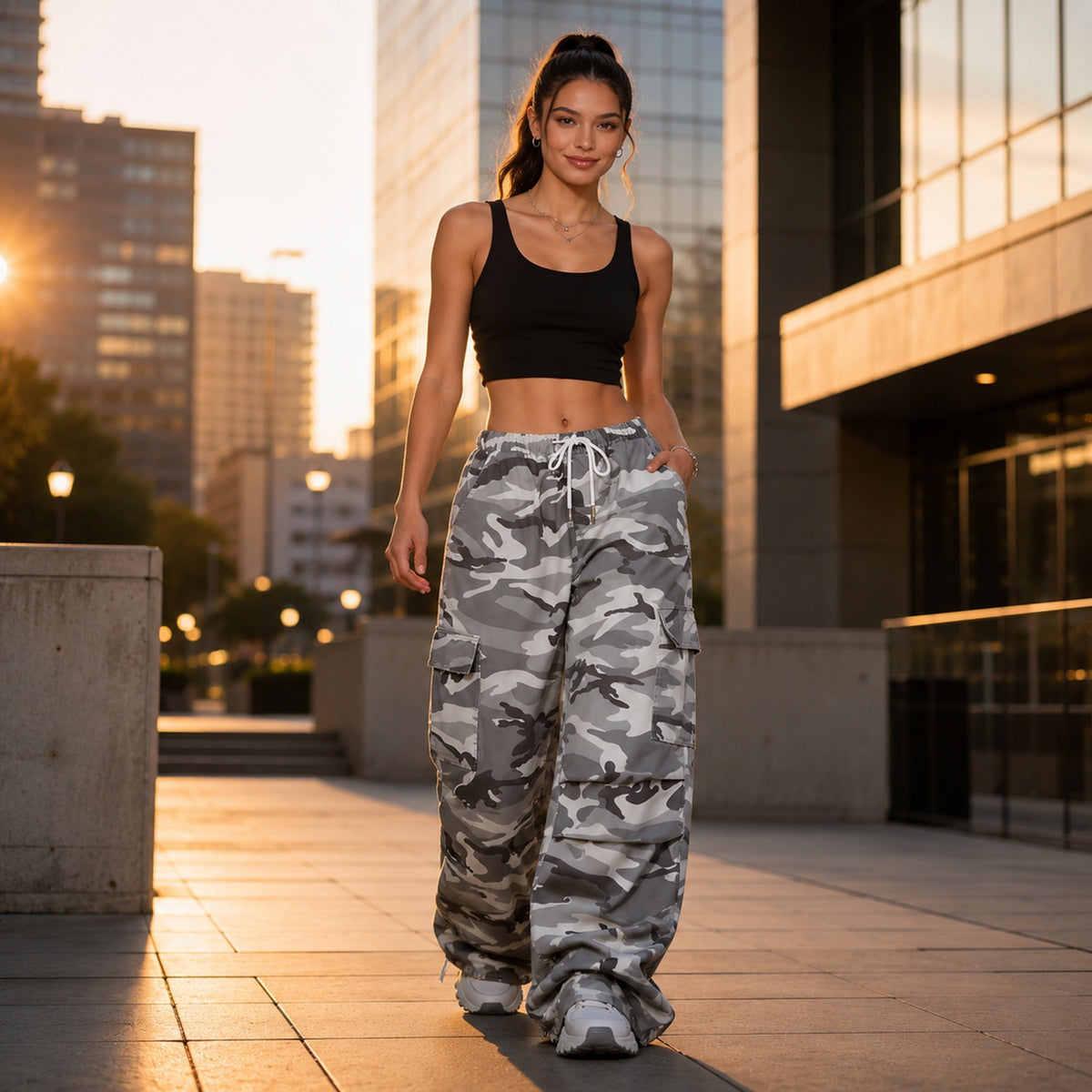 Women’s Camo Cargo Pants – Baggy Wide Leg Drawstring Streetwear