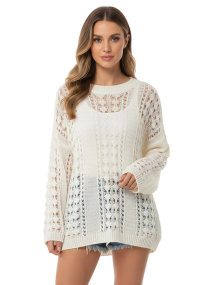 Woman wearing a white lace sweater on a white background