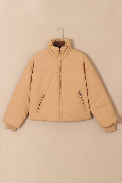 Women’s Brown Zip Up Puffer Jacket – Warm Quilted Coat with Pockets for Fall & Winter